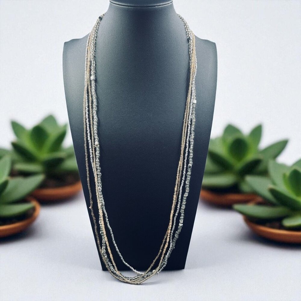 Layered Seed Beaded Necklace Multi Strand Silver‎ Clear Champagne Colored Boho